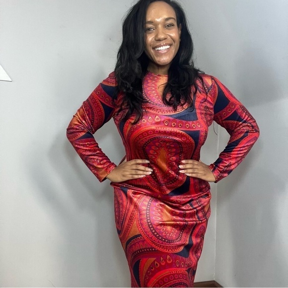 Tyler Boe orange velvet paisley print Dana midi dress bodycon long sleeve boho - Picture 13 of 13